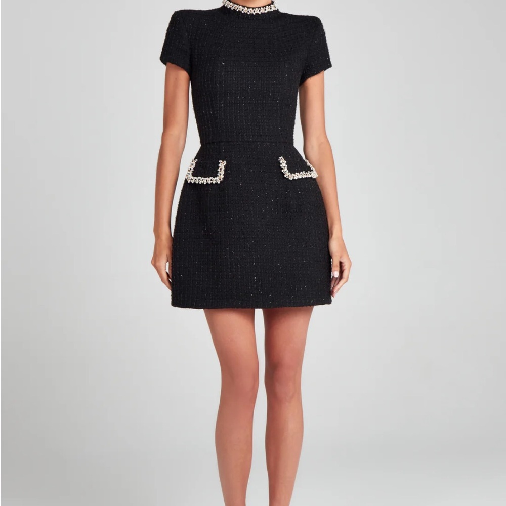 NADINE MERABI Black Tweed Dress with Pearl Details